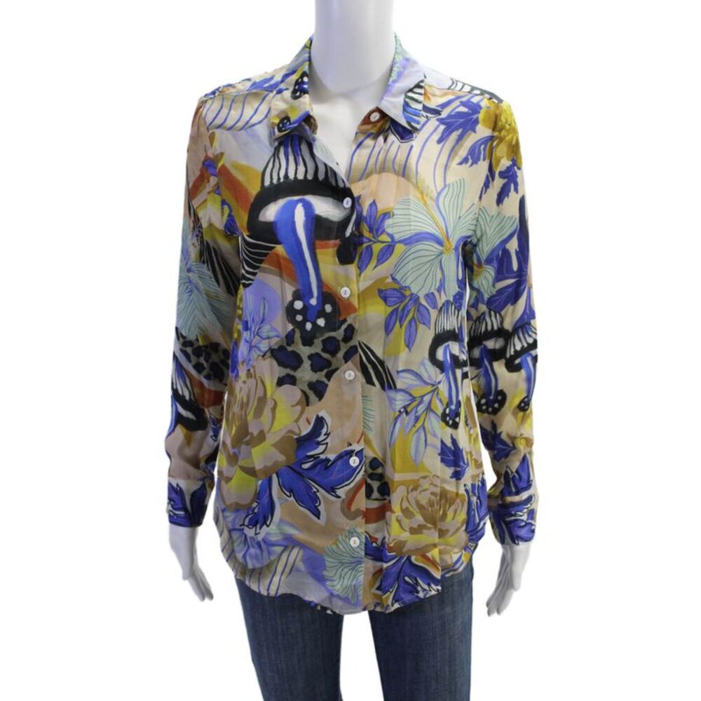 Las Surenas Womens Floral Collar Long Sleeve Button Down Shirt Multicolor Sz S